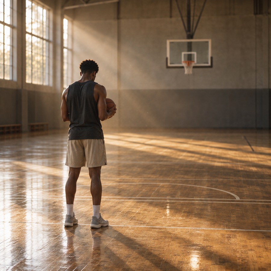 Un giocatore di basket, di spalle, con la palla in mano in una palestra vuota