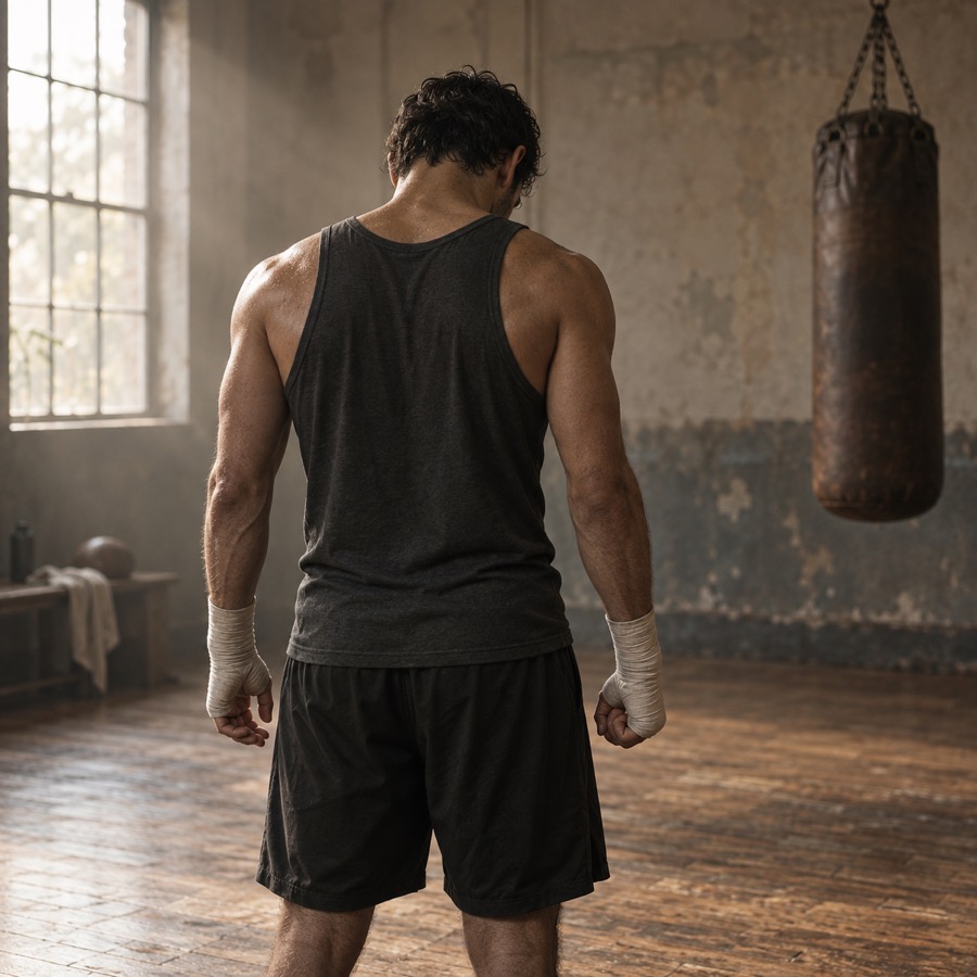 Un pugile, di spalle, con le mani fasciate in una palestra di boxe
