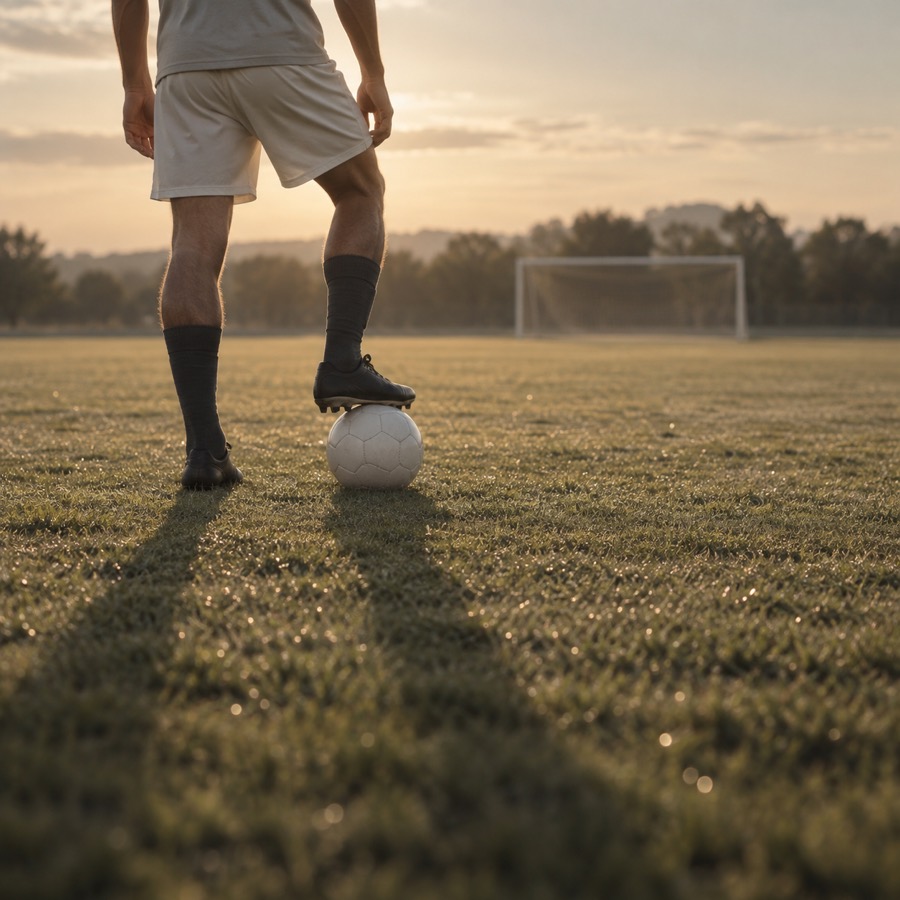 Un calciatore fermo con il piede sul pallone, in controluce sul campo