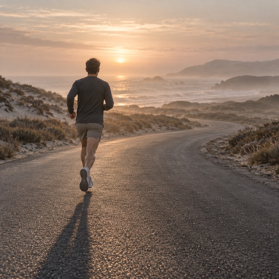 Un runner, di spalle, corre su una strada costiera all'alba