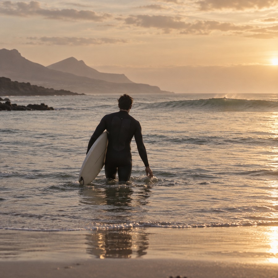 Un surfista, di spalle, entra in acqua con la tavola al tramonto