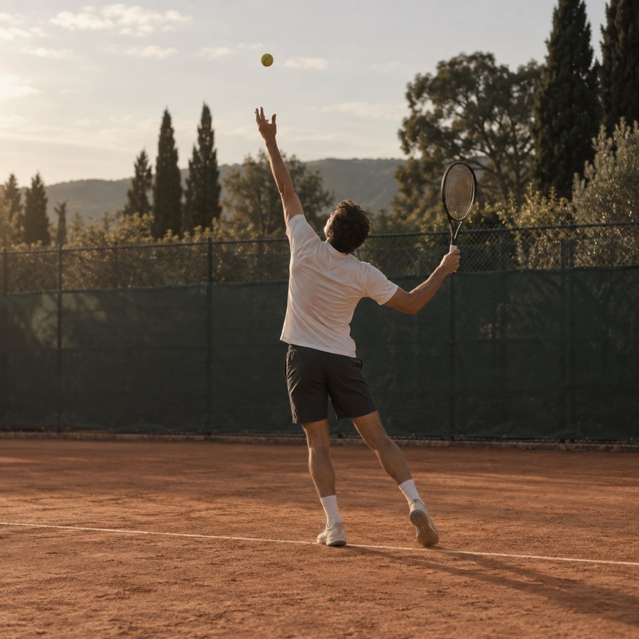 Un tennista, di spalle, lancia la palla per il servizio su un campo in terra battuta